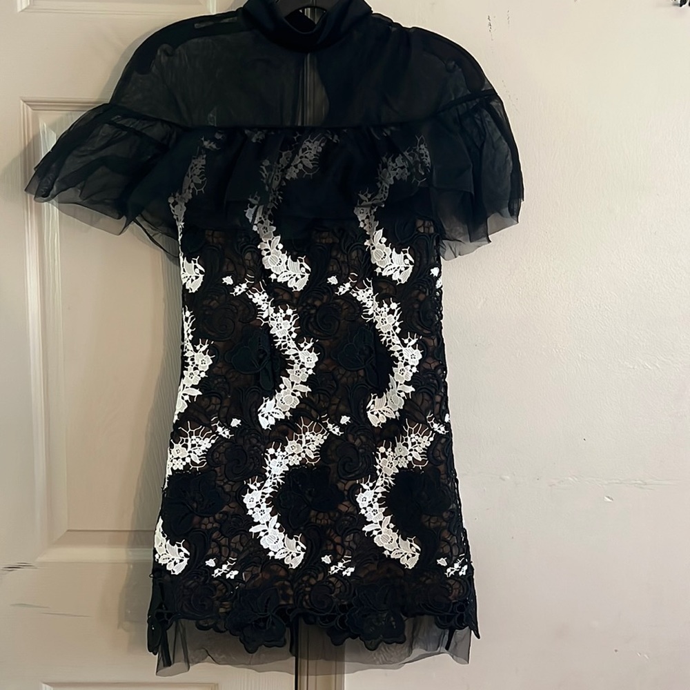Self-Portrait Floral Vine Mini Dress Black White